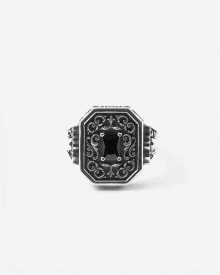 CLYDE DECORATED OCTAGONAL SIGNET RING WITH BLACK STONE