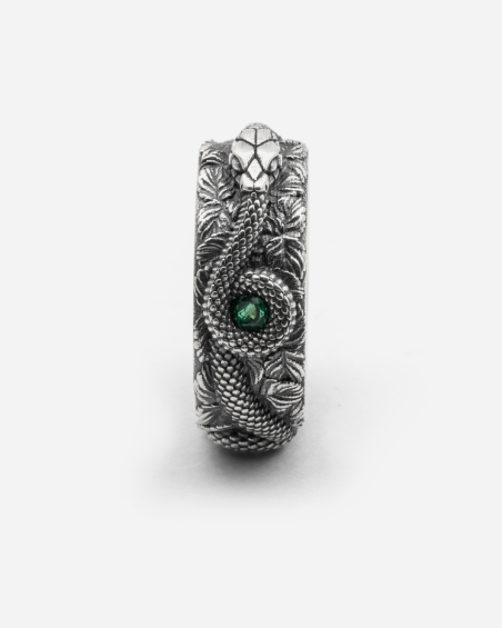 BAGUE LARGE SERPENT EN ARGENT AVEC BRILLANTS VERDS