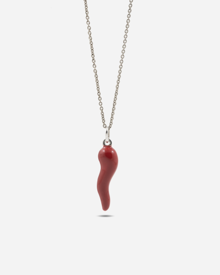 PENDENTIF CORNE PORTE-BONHEUR EN ARGENT AVEC ÉMAIL ROUGE