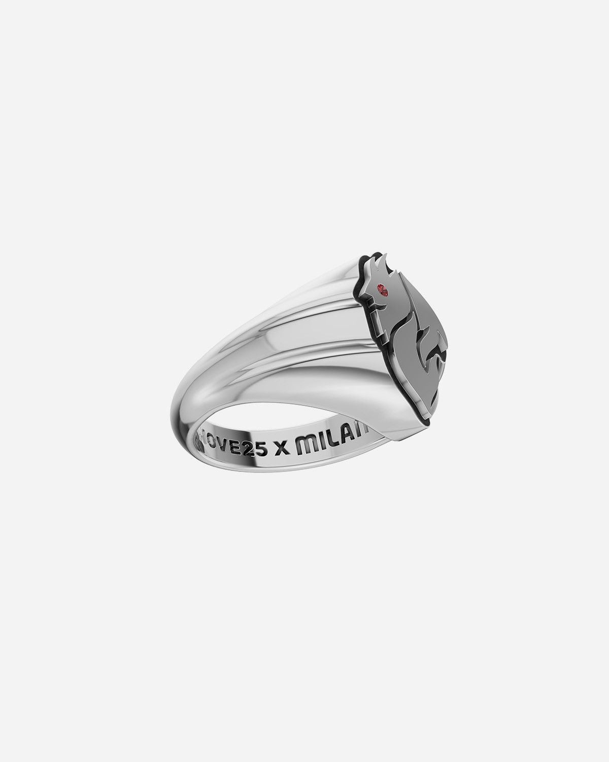 BAGUE CHEVALIÈRE DIAVOLO AC MILAN EN ARGENT AVEC BRILLANT ROUGE
