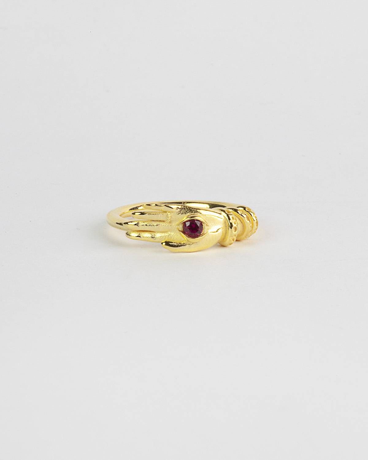 YELLOW GOLD TALISMAN FINE RING WITH RED SPINEL EYE