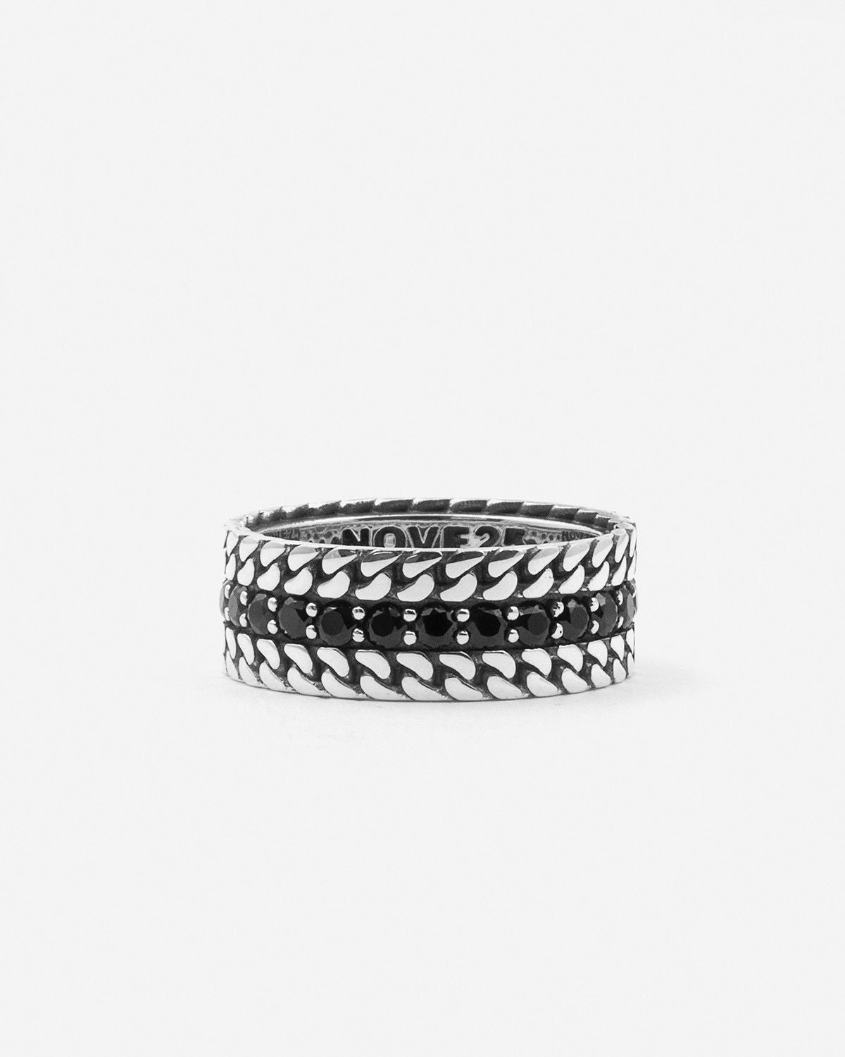 BAGUE LARGE EN ARGENT DOUBLE GOURMETTE PARALLEL AVEC BRILLANTS NOIRS