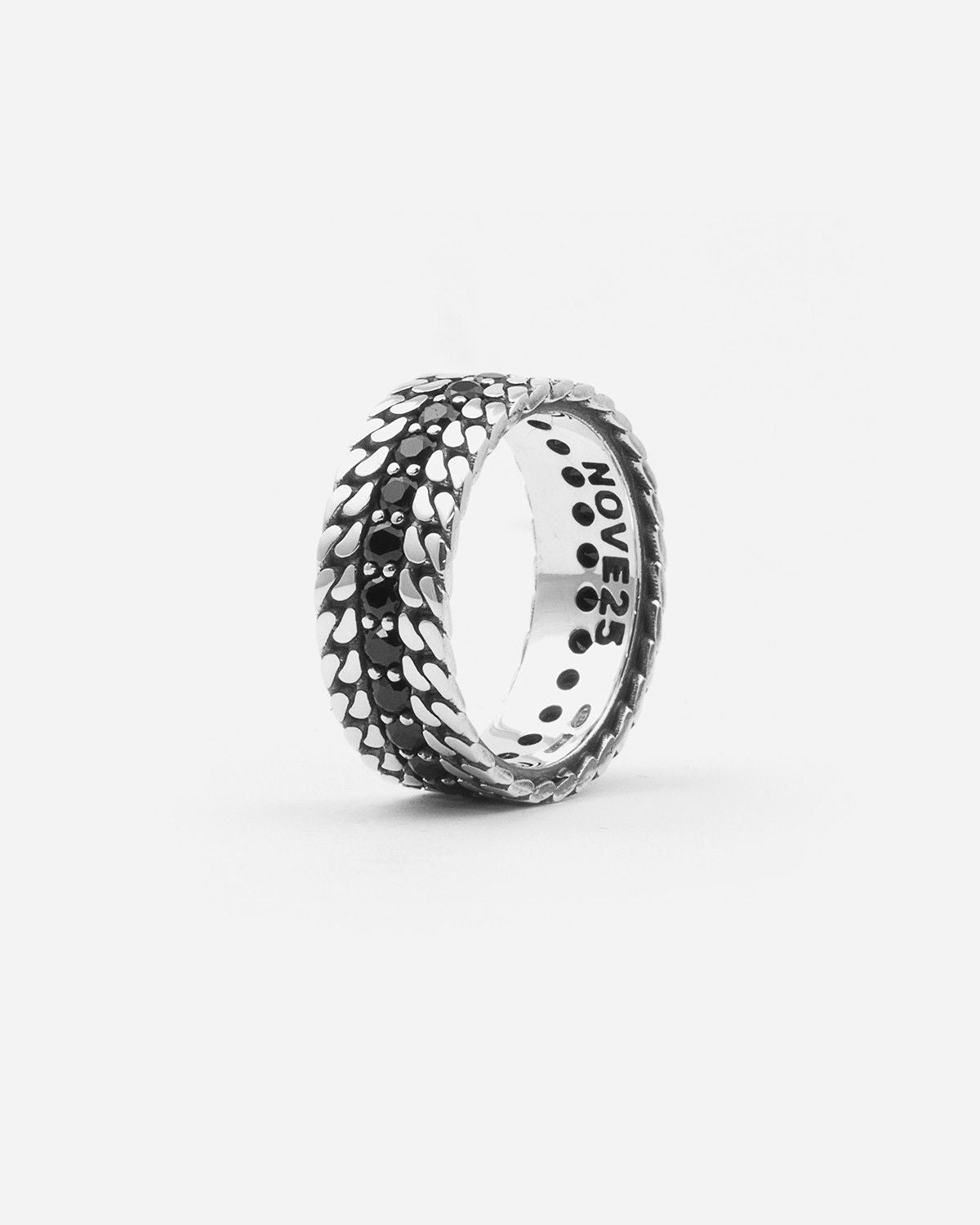 BAGUE LARGE EN ARGENT DOUBLE GOURMETTE PARALLEL AVEC BRILLANTS NOIRS