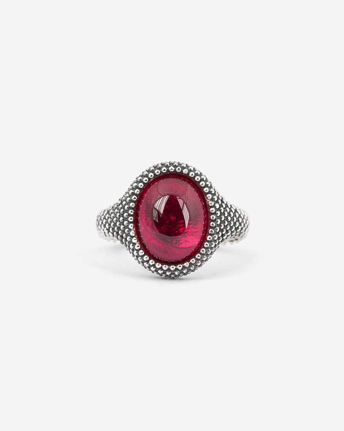 ANELLO CHEVALIER OVALE PUNTINATO CON PIETRA ROSSA
