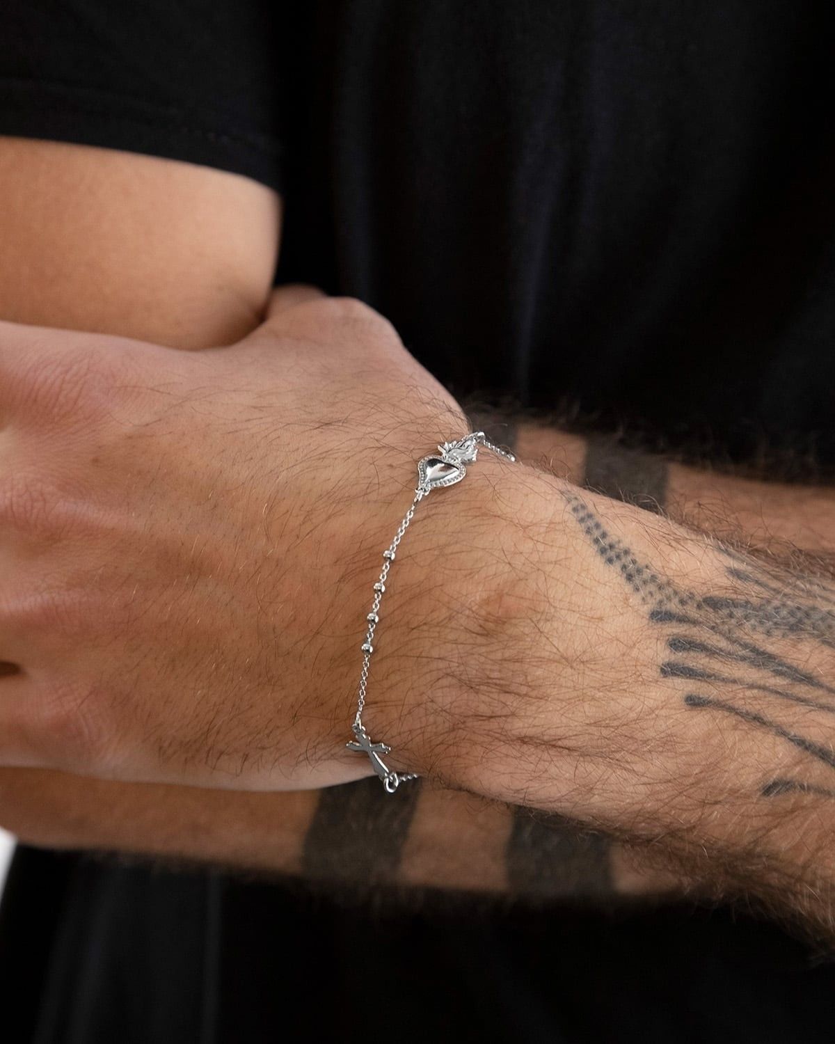 BRACELET CHAPELETS CŒUR EX-VOTO ET CROIX GOTHIQUE