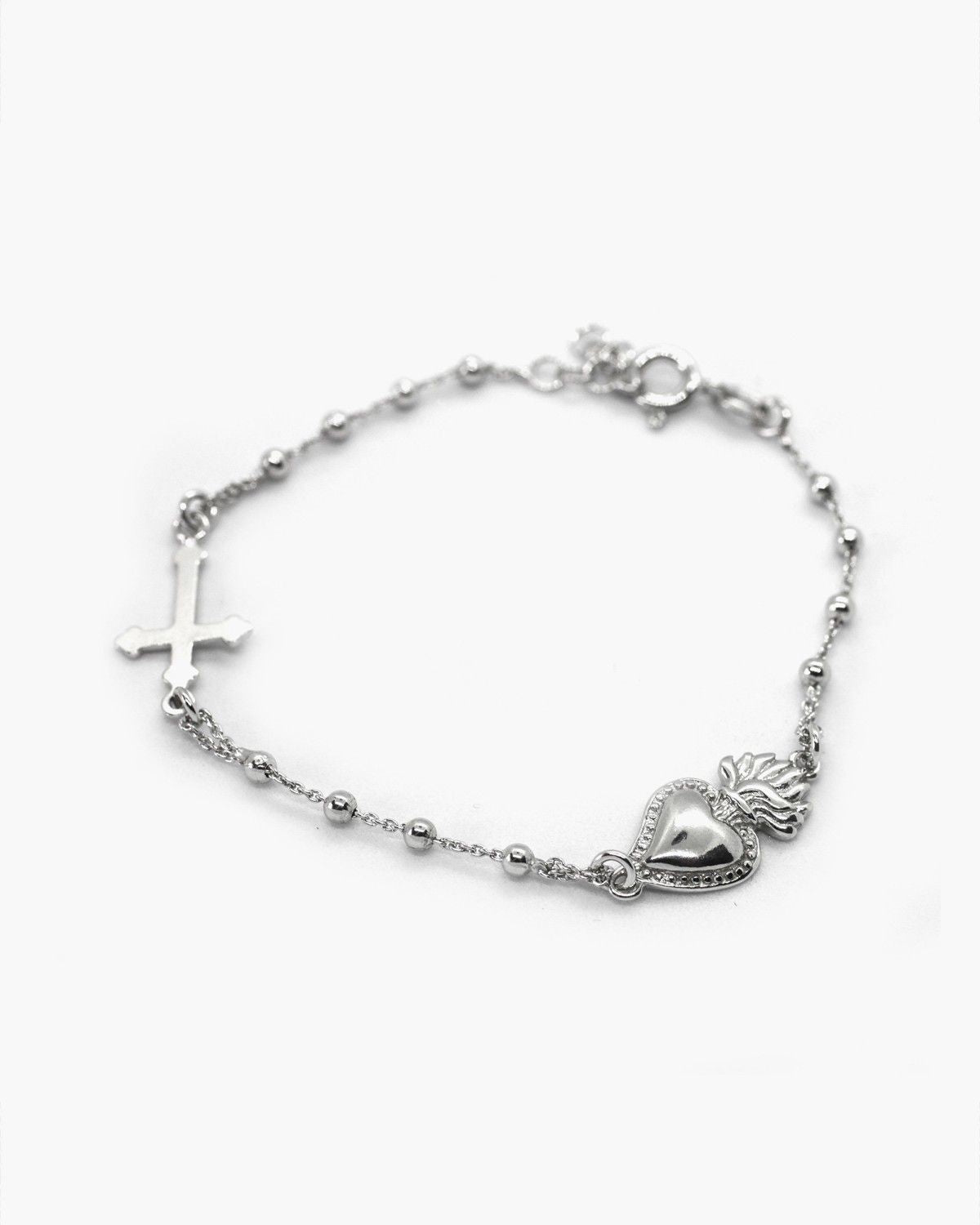 BRACELET CHAPELETS CŒUR EX-VOTO ET CROIX GOTHIQUE