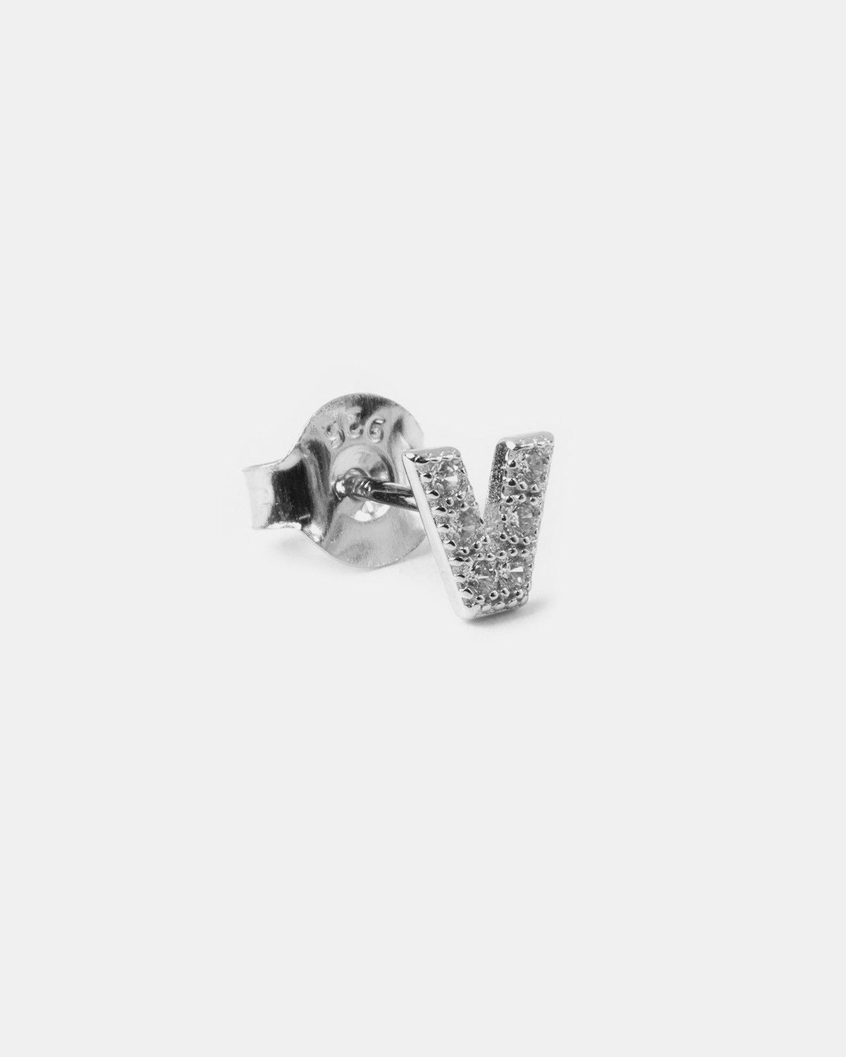 BOUCLE D’OREILLE UNIQUE LETTRE CAPITALES D'IMPRIMERIE AVEC ZIRCON CUBIQUE / RHODIUM BLANC